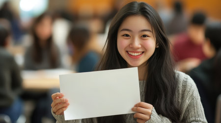 A cheerful Asian student holds an empty white paper, seated in a lively classroom, her peers blurred in the backdrop.の素材