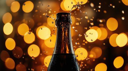 A champagne bottle sprays water droplets amid glowing golden bokeh, radiating festive energy for celebrations like New Year or weddings.の素材