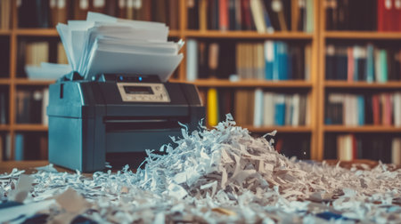 A cluttered scene with shredded paper around an overfilled shredder, symbolizing confidentiality in an office setting.の素材