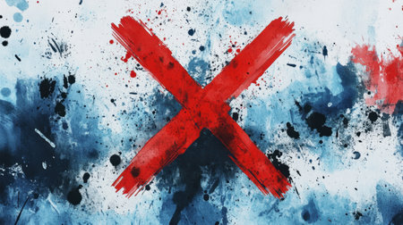 Abstract design with a striking red X at the center of a splattered blue and white watercolor background, evoking emotion.の素材