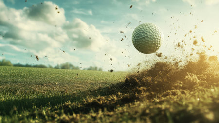 A golf ball soars through the air as the golfer hits it cleanly, with dirt and grass scattering off the fairwayの素材
