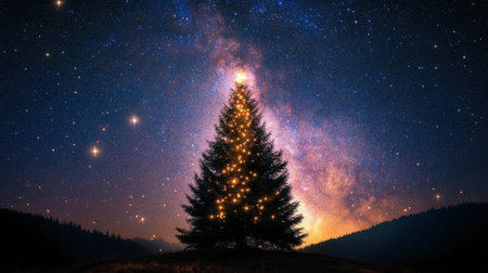 A glowing Christmas tree silhouette set against a dark, starry sky, radiating festive warmth and seasonal joy.の素材