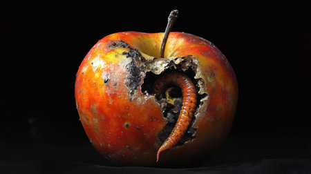 A worm emerges from a rotten apple, its surface decayed and discolored, highlighting the effects of spoilage.の素材