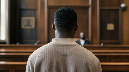 A contemplative Black man stands in a courtroom, his back to the camera, facing a moment of accountability before the judgeの素材