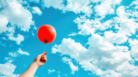 A hand releases a red balloon into the open sky, with vibrant blue and fluffy white clouds in the background.の素材