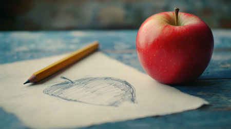 A real red apple contrasts with its pencil sketch, both floating in harmony, blending reality with creativity.の素材