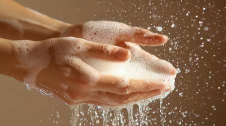 A pair of hands scrubbed clean under running water, with droplets sparkling in the light, highlighting cleanliness.の素材