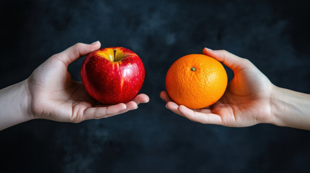 Close-up of hands offering an apple and an orange, symbolizing choice and variety against a dark grey backdrop.の素材