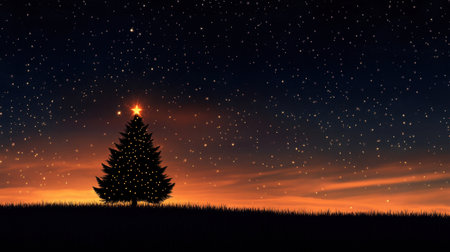 Elegant Christmas tree silhouette illuminated by golden light with a sparkling night sky backdrop, ideal for greeting cardsの素材
