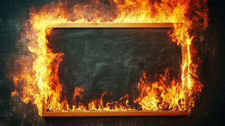 Burning fire effect surrounds a blackboard, the flames flickering dramatically against the dark surface.の素材