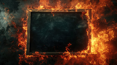 Burning fire effect surrounds a blackboard, the flames flickering dramatically against the dark surface.の素材