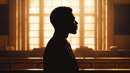 Silhouette of a Black man in a courtroom, standing resolute before the judge bench, evoking justice and fairness.の素材