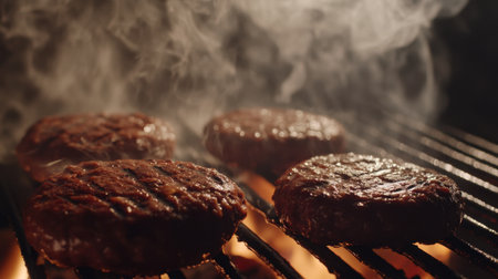 Close-up of beef patties on a hot charcoal grill, smoke rising as they cook to perfection in a summer BBQ setting.の素材