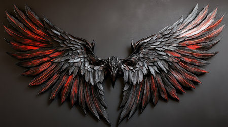 Large demonic wings, their edges sharp and menacing, detailed in deep black with subtle red accents.の素材
