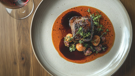 Close-up of an upscale dinner plate, garnished with fresh herbs, accompanied by a glass of wine on a pristine dining table.の素材
