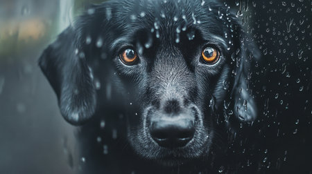 Dog with soft eyes gazes through a fogged-up rainy window, capturing a moment of serene patience and curiosity.の素材