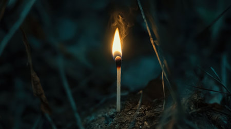 Close-up of a lit matchstick in the dark, its flame illuminating the surrounding shadows, evoking inspiration.の素材
