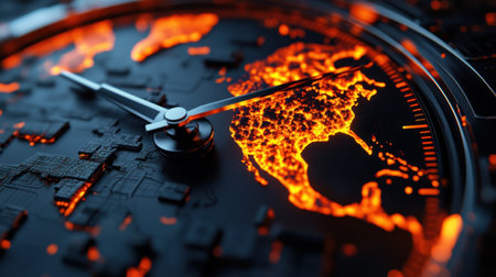 Close-up of a clock displaying heated continents, symbolizing the escalating global warming crisis and the urgency for solutions.の素材