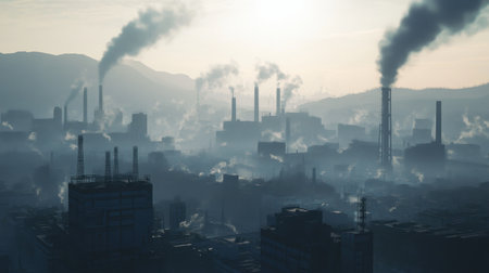 Urban skyline under a layer of thick smog, representing air quality issues and the effects of industrial emissions.の素材