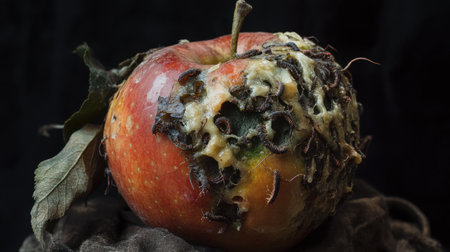 Close-up of a spoiled apple, visibly infested with worms and mold, symbolizing decay and imperfection.の素材