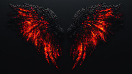 Intricate demon wings with glowing veins, emanating an eerie red light against a stark black background.の素材