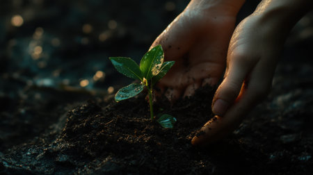 Gentle hands plant a vibrant green sprout in moist, dark soil, evoking themes of care and environmental growth.の素材