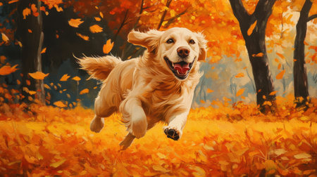 Playful golden retriever dashes across a park carpeted with orange and yellow leaves, embodying joy and freedom.の素材
