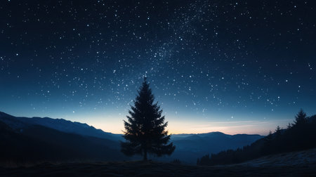 Starry sky with a glowing Christmas tree silhouette in the foreground, creating a magical and festive atmosphere.の素材