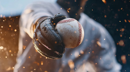 Close-up of a professional baseball player connecting with the ball, the motion frozen at the perfect moment.の素材
