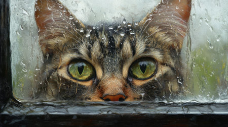 Thoughtful feline peers through a wet windowpane, patiently waiting for clearer skies and calm weather.の素材