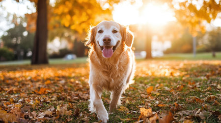 Smiling golden retriever runs freely in an autumn park, golden leaves and sunlight capturing its lively spirit.の素材
