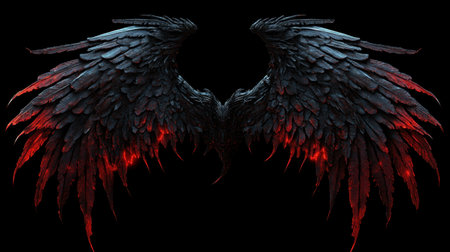 Majestic demon wings with sharp edges and intricate textures, isolated on a black background, glowing faintly red.の素材
