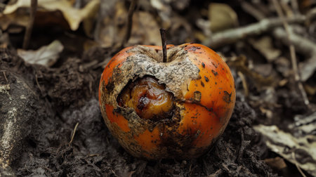 Decayed apple with worm trails and visible rot, offering a grim yet captivating view of natural decomposition.の素材