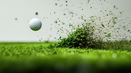 The instant of a powerful golf swing, with the ball flying and turf scattering in an impressive display of skill.の素材