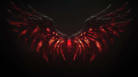 Intricate demon wings with glowing veins, emanating an eerie red light against a stark black background.の素材
