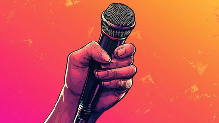 Hand confidently clutching a microphone, symbolizing public speaking or broadcasting, with a plain gradient backdrop.の素材