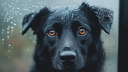 Dog with soft eyes gazes through a fogged-up rainy window, capturing a moment of serene patience and curiosity.の素材