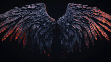 Dark and ominous demon wings spread wide, with leathery texture and jagged tips, set against a deep black background.の素材