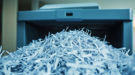 Pile of shredded paper overflowing from an office shredder, emphasizing data protection and privacy concerns.の素材