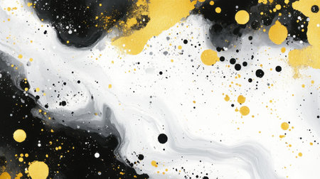 This abstract art background features a blend of black, white, and gold elements, showcasing fluid shapes and dots for a modern and elegant design choice.の素材