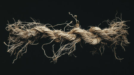 Frayed rope in vivid detail, its broken fibers creating a striking visual against a black backdrop.の素材