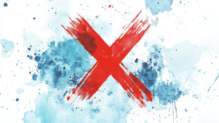Dynamic red X over a soft gradient of blue and white watercolor splatters, perfect for conveying rejection or decision-making.の素材