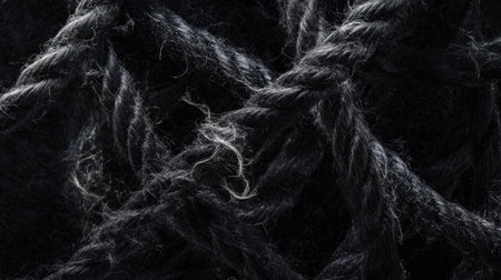 Close-up of a fraying rope, its fibers splitting and curling, representing vulnerability on a black canvas.の素材