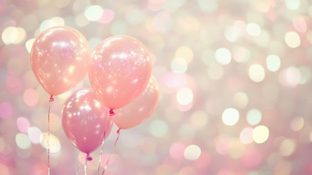 Floating balloons sparkle against a dreamy pastel gradient with bokeh effects, ideal for cheerful greeting cards or celebrationsの素材