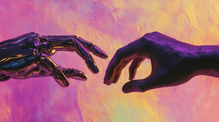 Close-up of human and robot fingers touching, set against a soft gradient backdrop of purple and gold, highlighting technology's potential.の素材