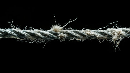 Weathered, frayed cable with loose strands, isolated on a stark black background for dramatic effect.の素材