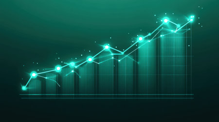 This digital illustration showcases an abstract financial growth chart, emphasizing upward trends with glowing data points that symbolize success and strategic insights in business analytics.の素材