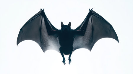 A captivating silhouette of a bat soaring gracefully in flight, showcasing its wingspan against a light background, perfect for nature and wildlife themes.の素材
