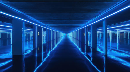 A mesmerizing view of a futuristic corridor illuminated with neon blue lights, casting reflections on a glossy floor, creating an immersive and surreal atmosphere.の素材
