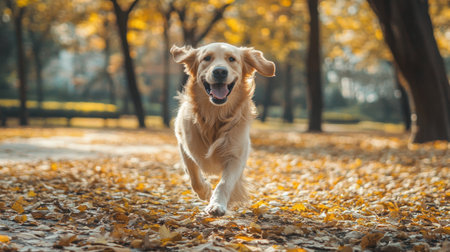 Happy golden retriever with ears flapping runs through a serene autumn park, fallen leaves scattering around.の素材